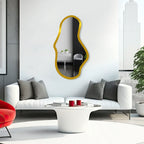 Golden Wavy Shaped Wooden Golden Finish Wooden Vanity Mirror