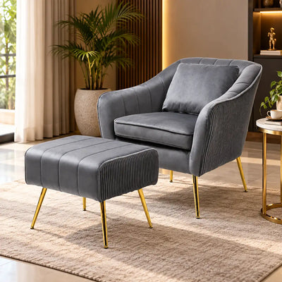 Grey Fluffy Super Comfy Velvet Luxury Accent Chair with Footrest