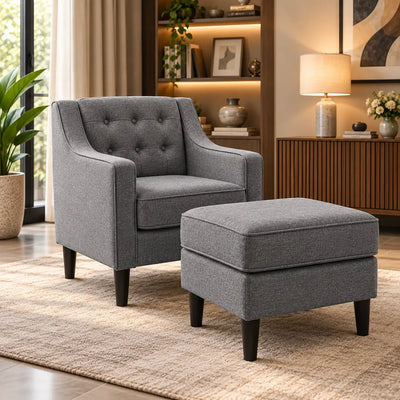 Grey Tufted Comfy Classic Lounge Accent Chair with Footrest