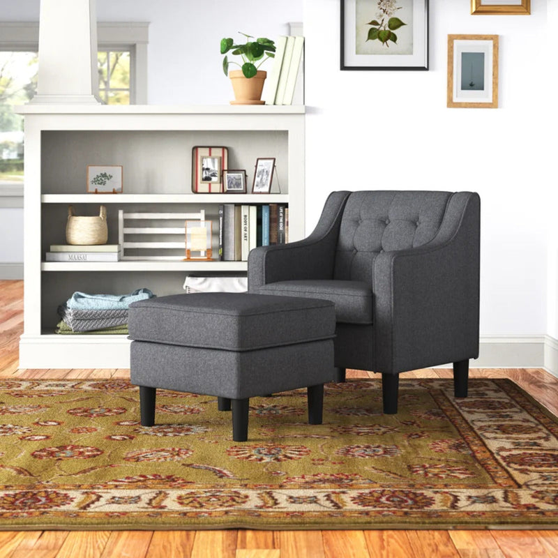 Grey Tufted Comfy Classic Lounge Accent Chair with Ottoman