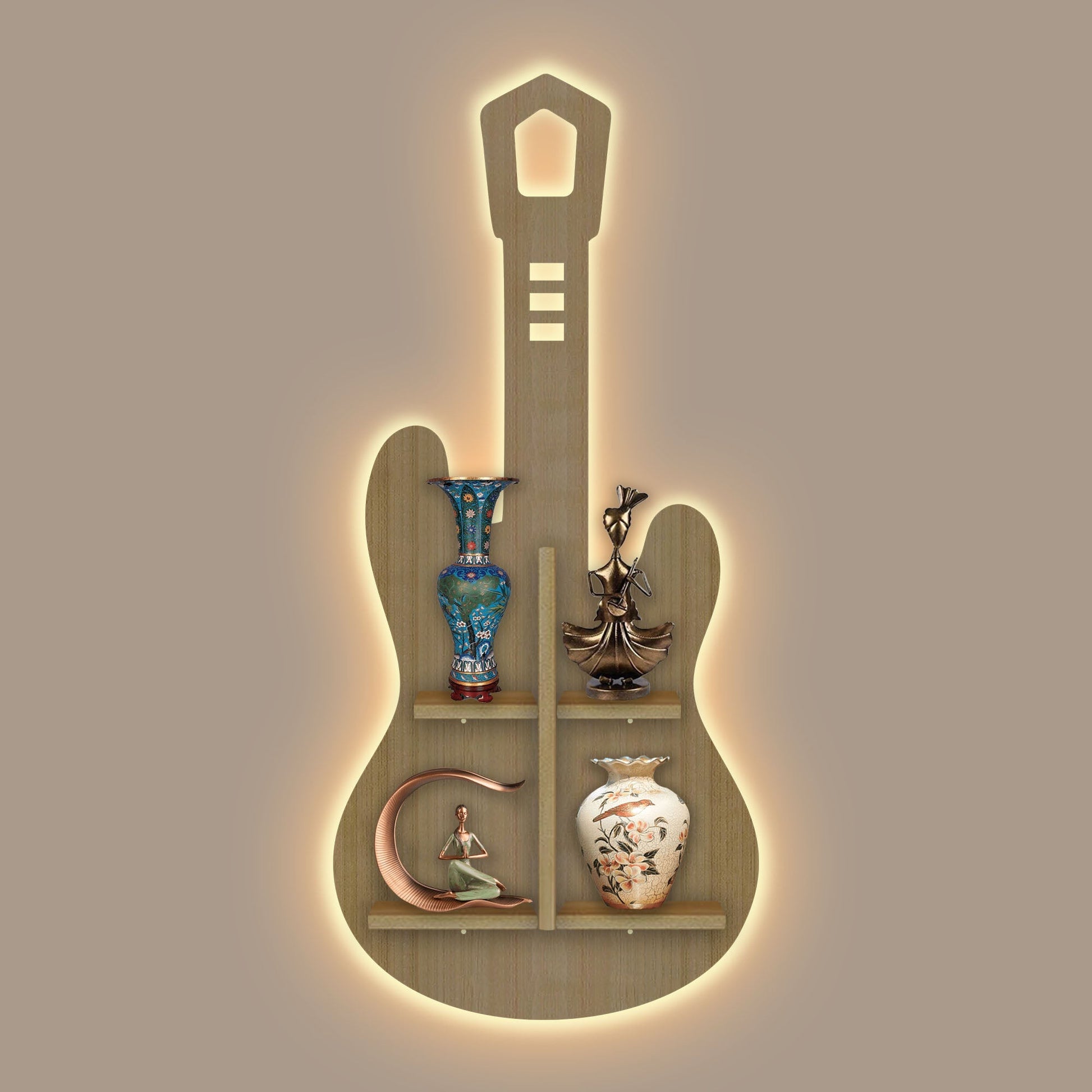 Guitar Shape Wooden Wall Shelf LED Light Wall Shelf with Oak Finish