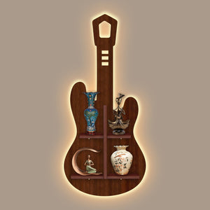 Guitar Shape Wooden Wall Shelf LED Light Wall Shelf with Walnut Finish