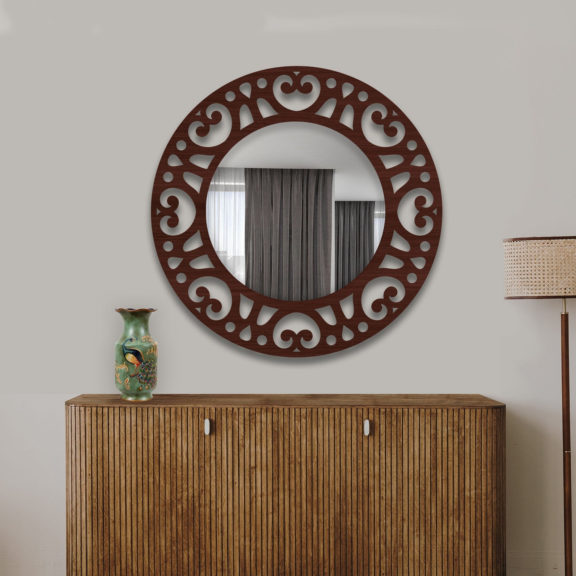 Heart Design Frame Round Shape Wooden Wall Mirror