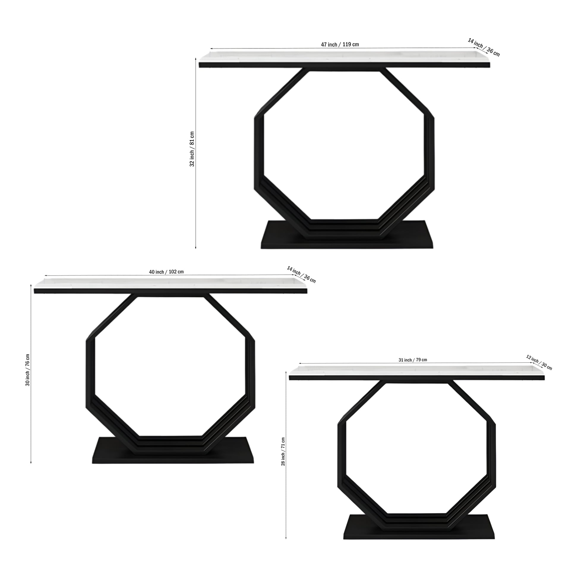 Heptagon Black Base Rectangular Shape White Marble Console Table