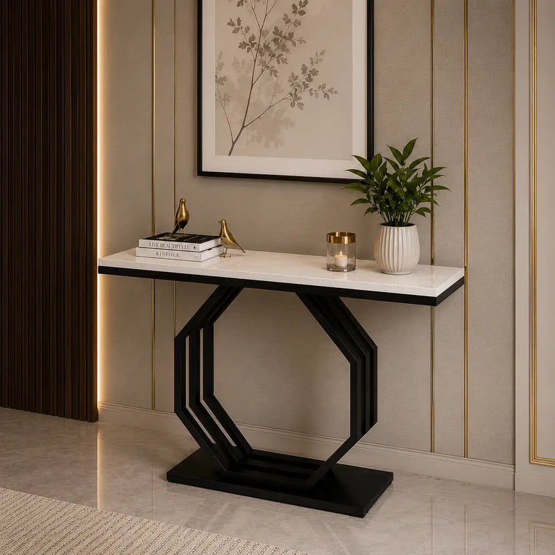Heptagon Black Base Rectangular Shape White Marble Console Table