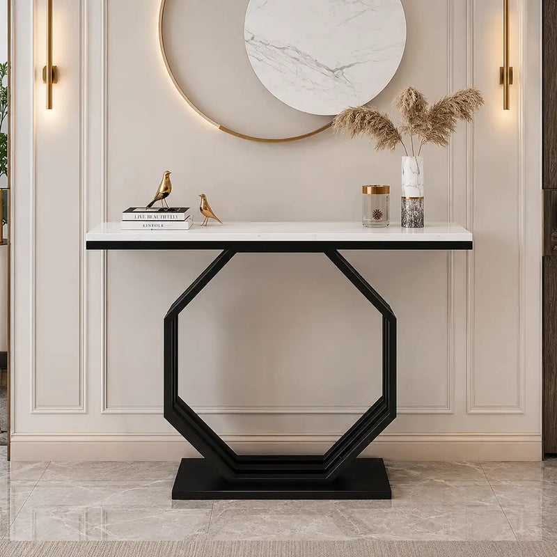 Heptagon Black Base Rectangular Shape White Marble Console Table