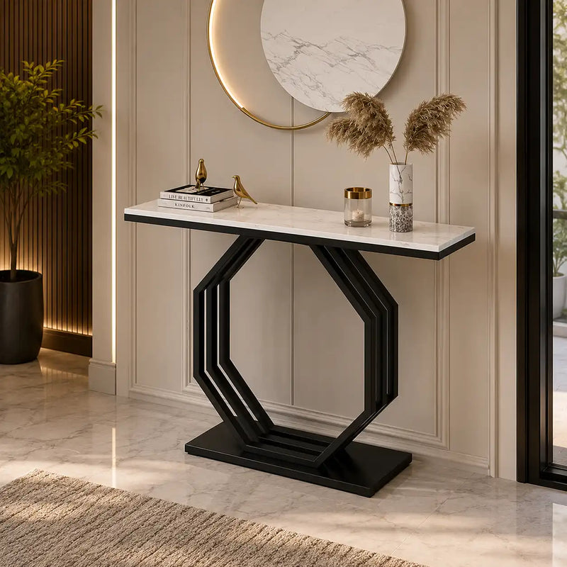 Heptagon Black Base Rectangular Shape White Marble Console Table