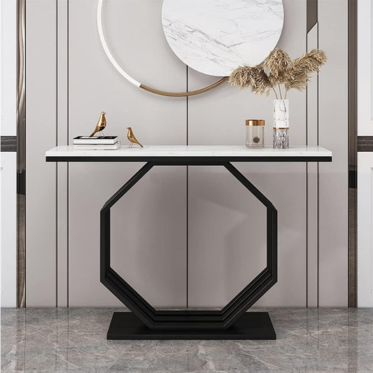 Heptagon Black Base Rectangular Shape White Marble Console Table