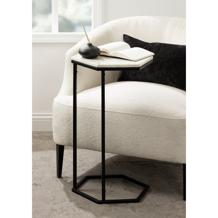 Hexagon Shape Marble Top Black Stand Side Table