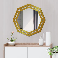 Hexagonal Shape Modern Decorative Wooden Wall Mirror With Gold Texture