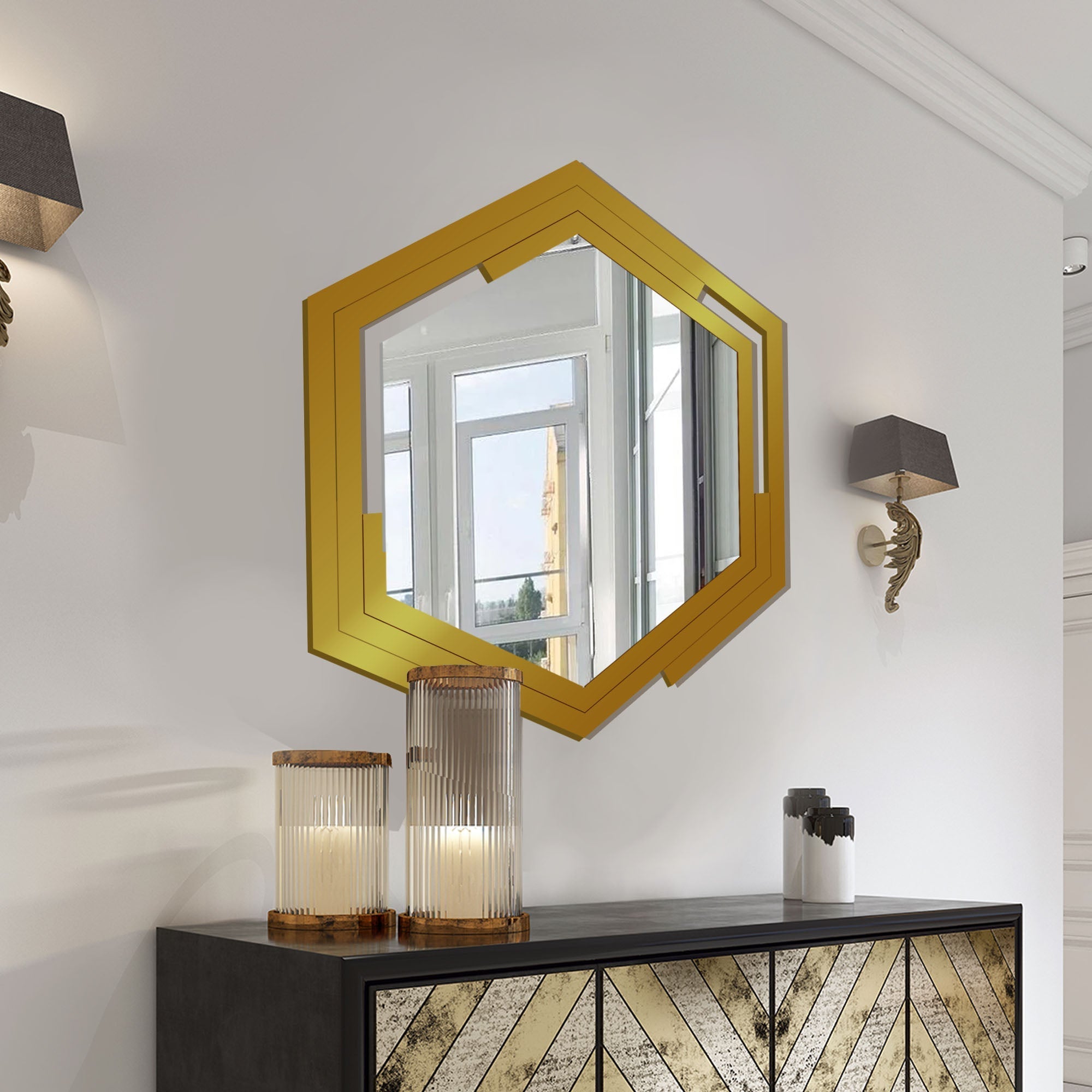 Hexagonal Shape Unique Design Wooden Wall Mirror With Gold Texture