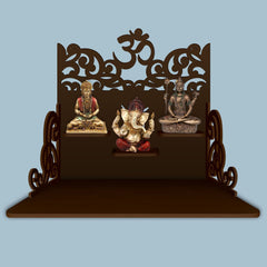 Hindu Holy Symbol of OM Design Art Wall Hanging Wooden Temple/ Pooja Mandir Design with Shelf, Brown Color