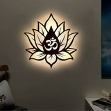 Hindu OM inside Lotus Flower Backlit Wooden Wall Decor with LED Night Light Walnut Finish