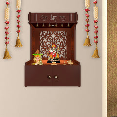 Holy Swastika Symbol of Hindu Religious Brown Wooden Wall Temple for Home With Inbuilt focus Lights & Spacious Shelf