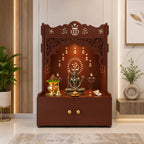 Holy Symbol Om Chakra Floor Temple with Spacious Wooden Shelf & Inbuilt Focus Light- Brown Finish