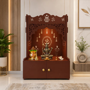 Holy Symbol Om Chakra Floor Temple with Spacious Wooden Shelf & Inbuilt Focus Light- Brown Finish