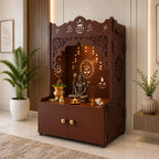Holy Symbol Om Chakra Floor Temple with Spacious Wooden Shelf & Inbuilt Focus Light- Brown Finish