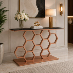 Honeycomb Motif Copper Finish Metal Console Table