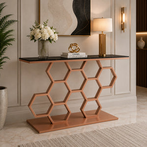 Honeycomb Motif Copper Finish Metal Console Table