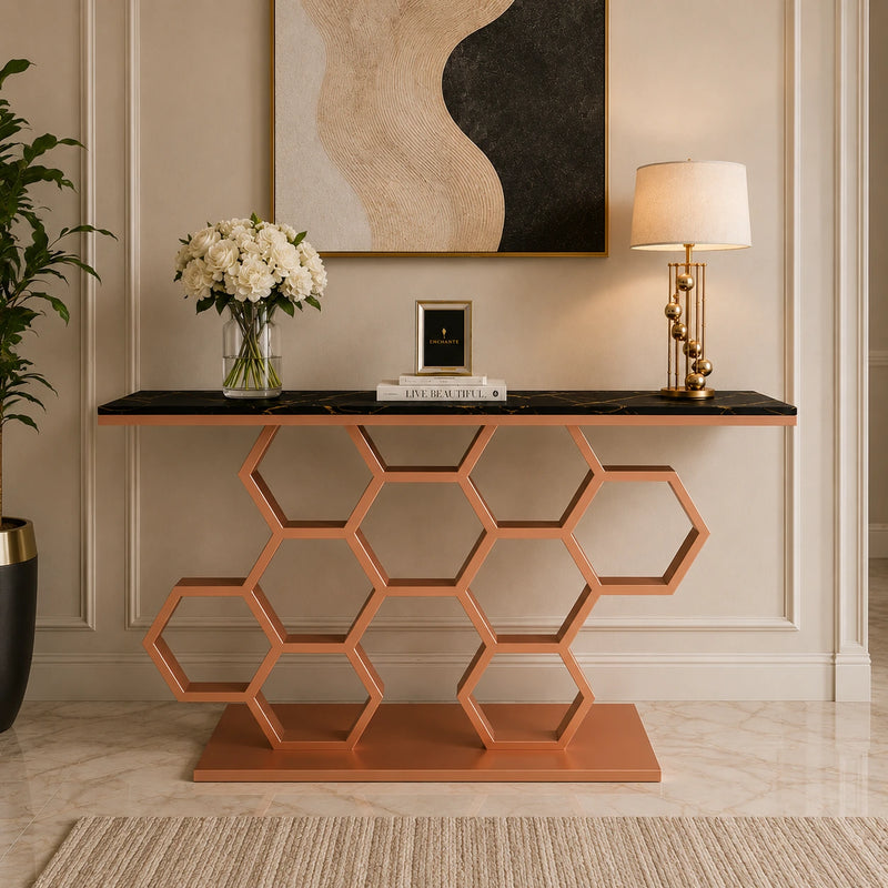 Honeycomb Motif Copper Finish Metal Console Table