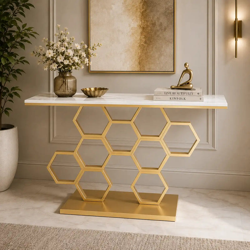 Honeycomb Motif Golden Metal Finish Console Table