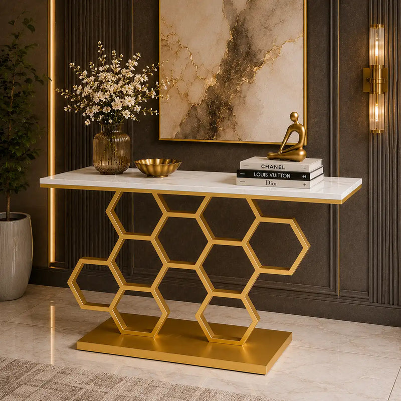 Honeycomb Motif Golden Metal Finish Console Table