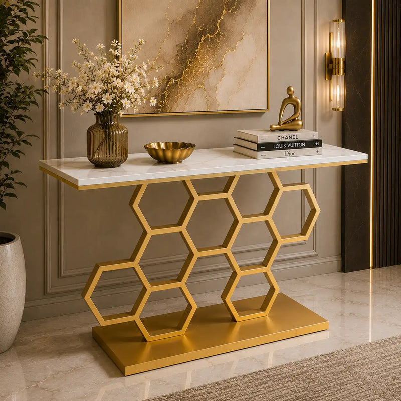 Honeycomb Motif Golden Metal Finish Console Table