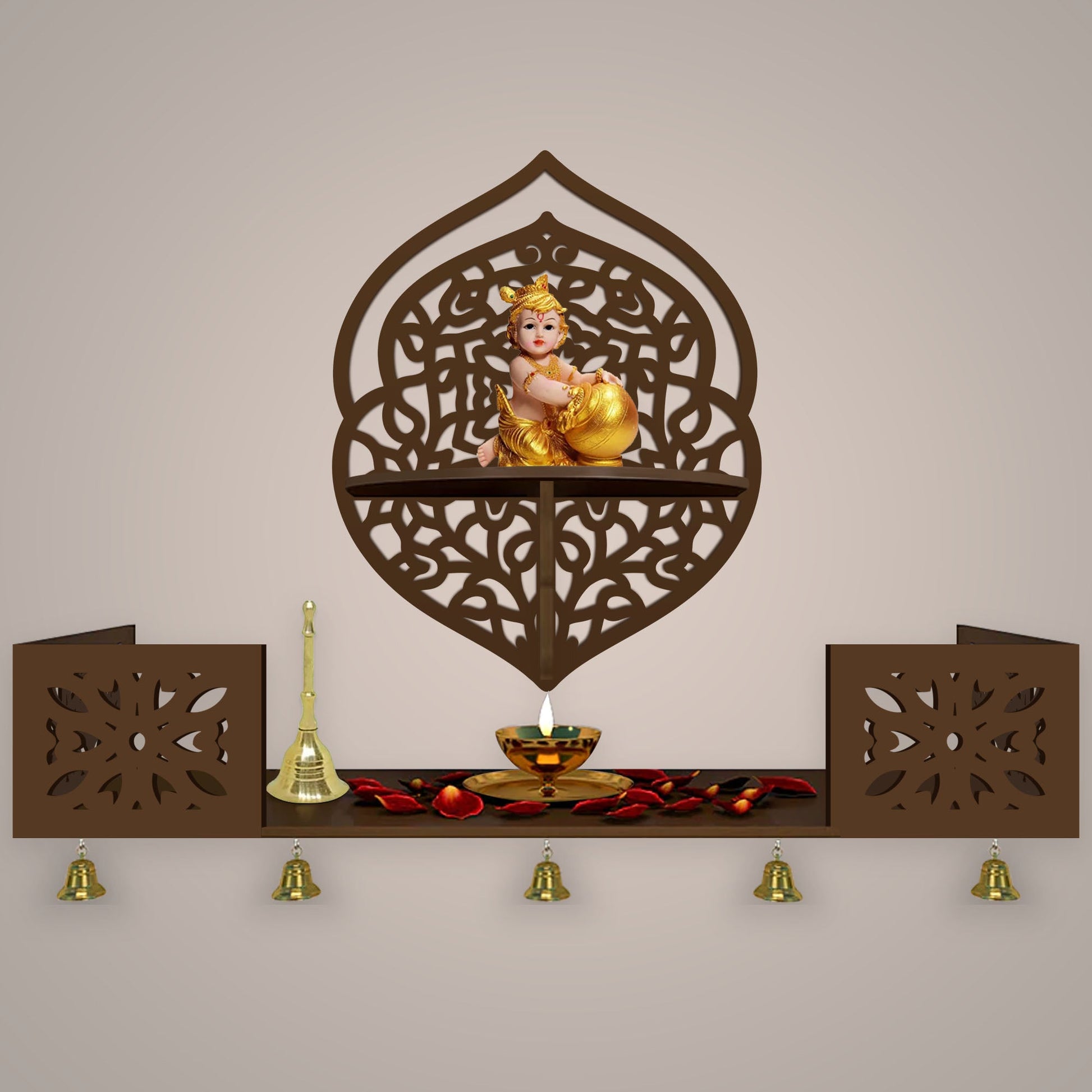 Intricate Jali Designer Shaped Wall Hanging Wooden Temple/ Pooja Mandir Design with Shelf, Brown Color