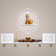 Intricate Jali Designer Shaped Wall Hanging Wooden Temple/ Pooja Mandir Design with Shelf, White Color