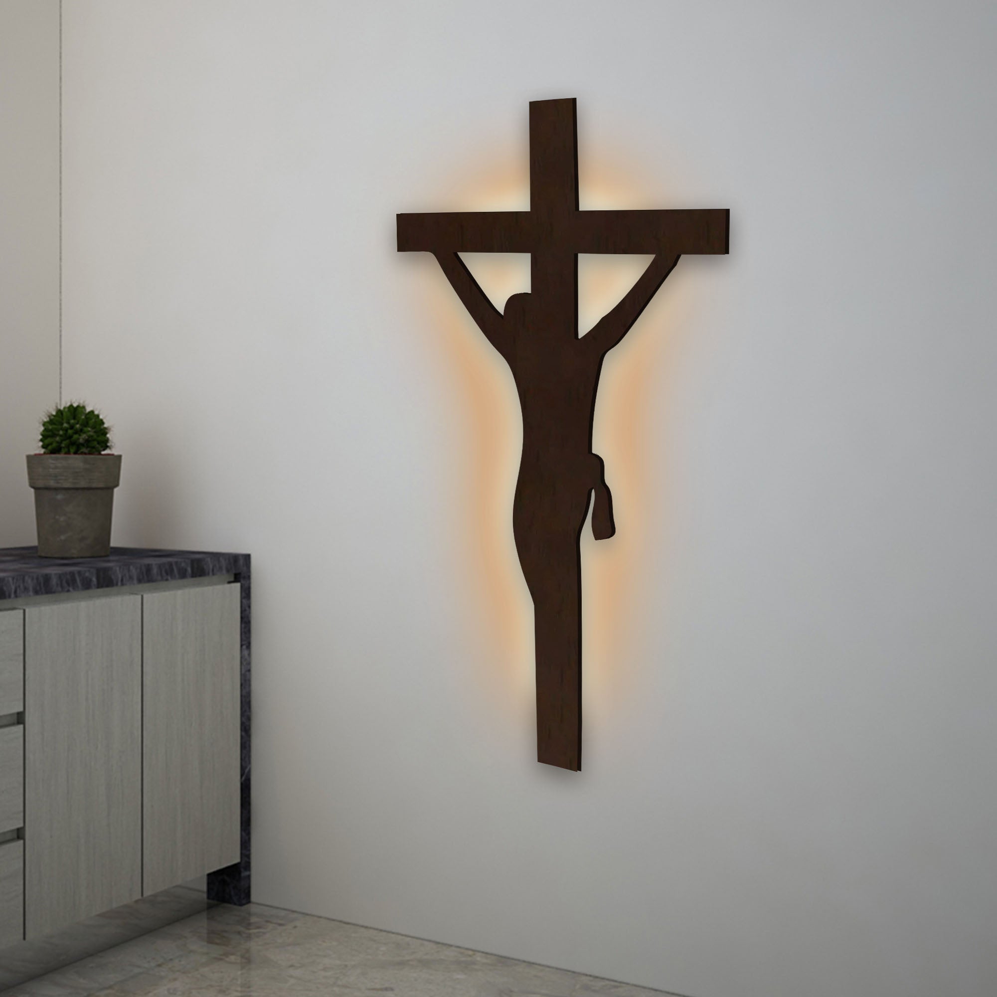 Jesus Crosses Backlit Wooden Wall Hanging with LED Night Light Walnut ...