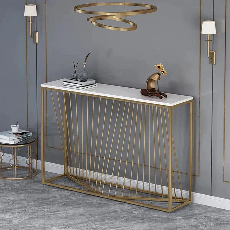 Linear Design Golden Metal Stand Console Marble Table