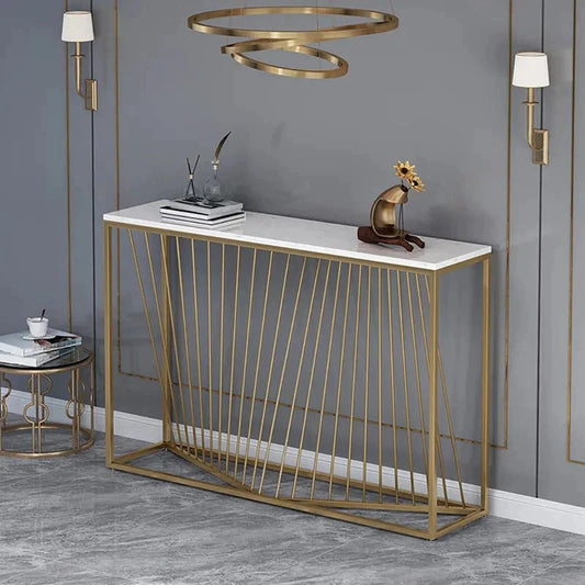 Linear Design Golden Metal Stand Console Marble Table