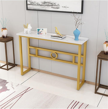 Long Narrow White Gold Marble Console Table