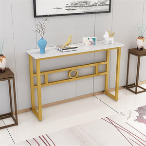 Long Narrow White Gold Marble Console Table