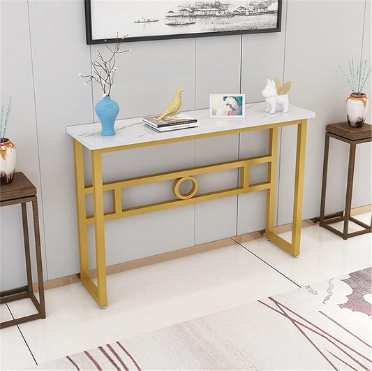 Long Narrow White Gold Marble Console Table