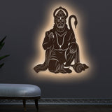 Lord Hanuman Ji Shape Backlit Designer Wooden Wall Shelf / Book Shelf / Night Light, Walnut Finish