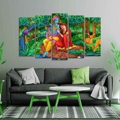 Lord Radha Krishna in Forest Wall Painting of Five Pieces