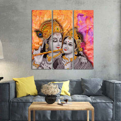 Lord Radha Krishna Playing Flute Canvas Wall Painting 3 Panel Set