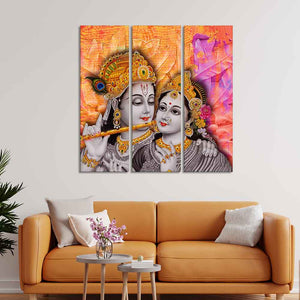 Lord Radha Krishna Flute Canvas Wall Painting 3 Panel Set