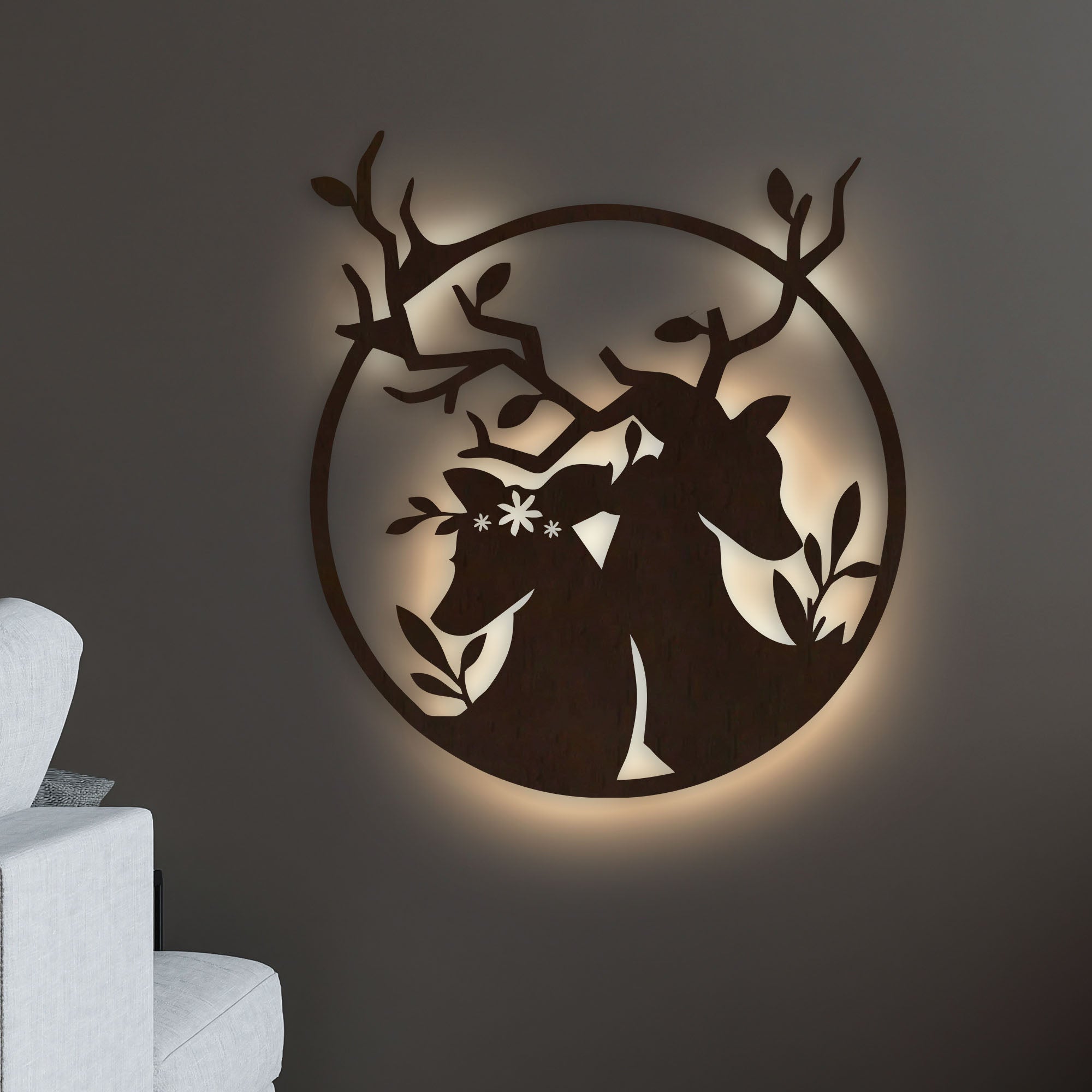 Loving Deer in Round Shaped Backlit Wooden Wall Decor with LED Night Light Walnut Finish