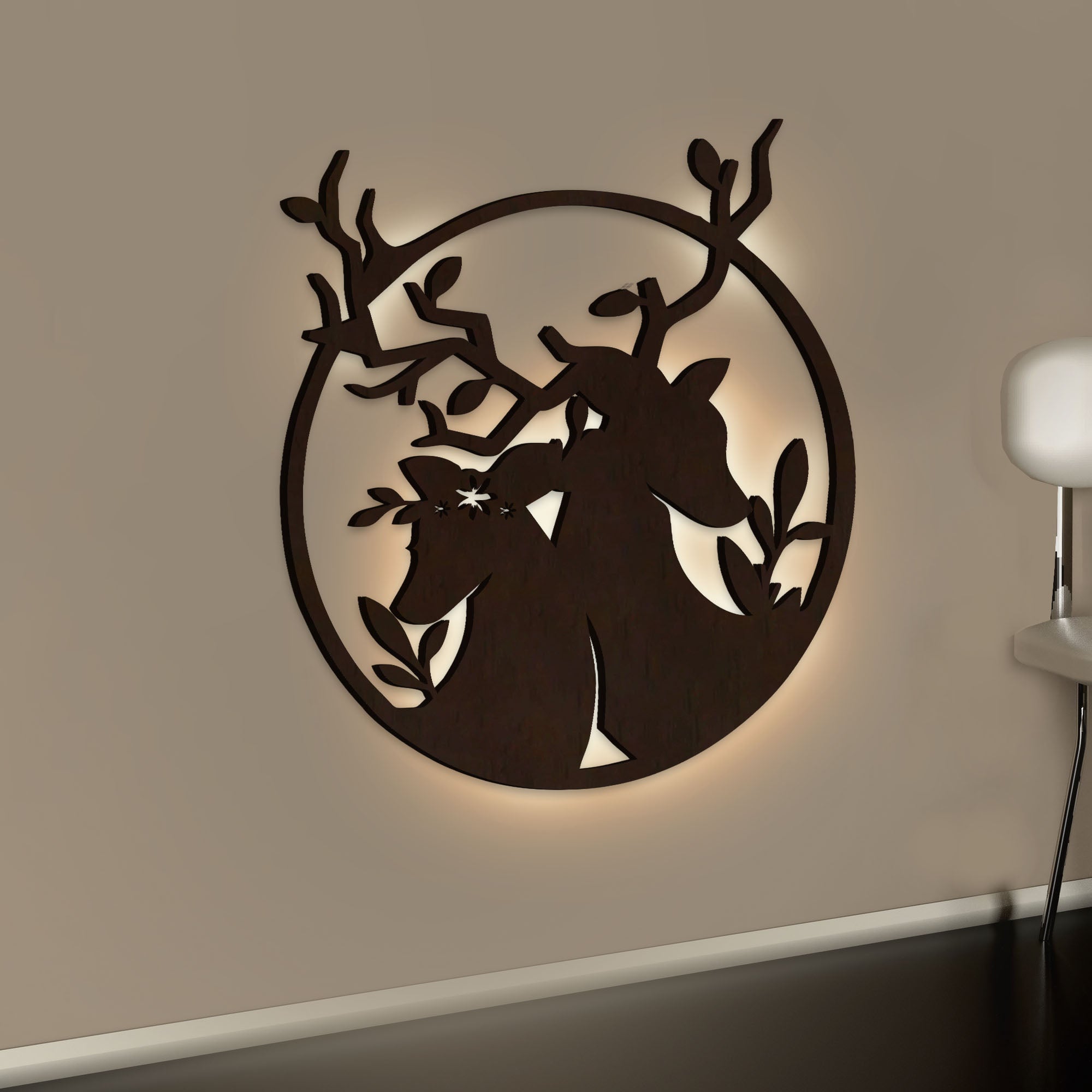 Loving Deer in Round Shaped Backlit Wooden Wall Decor 
