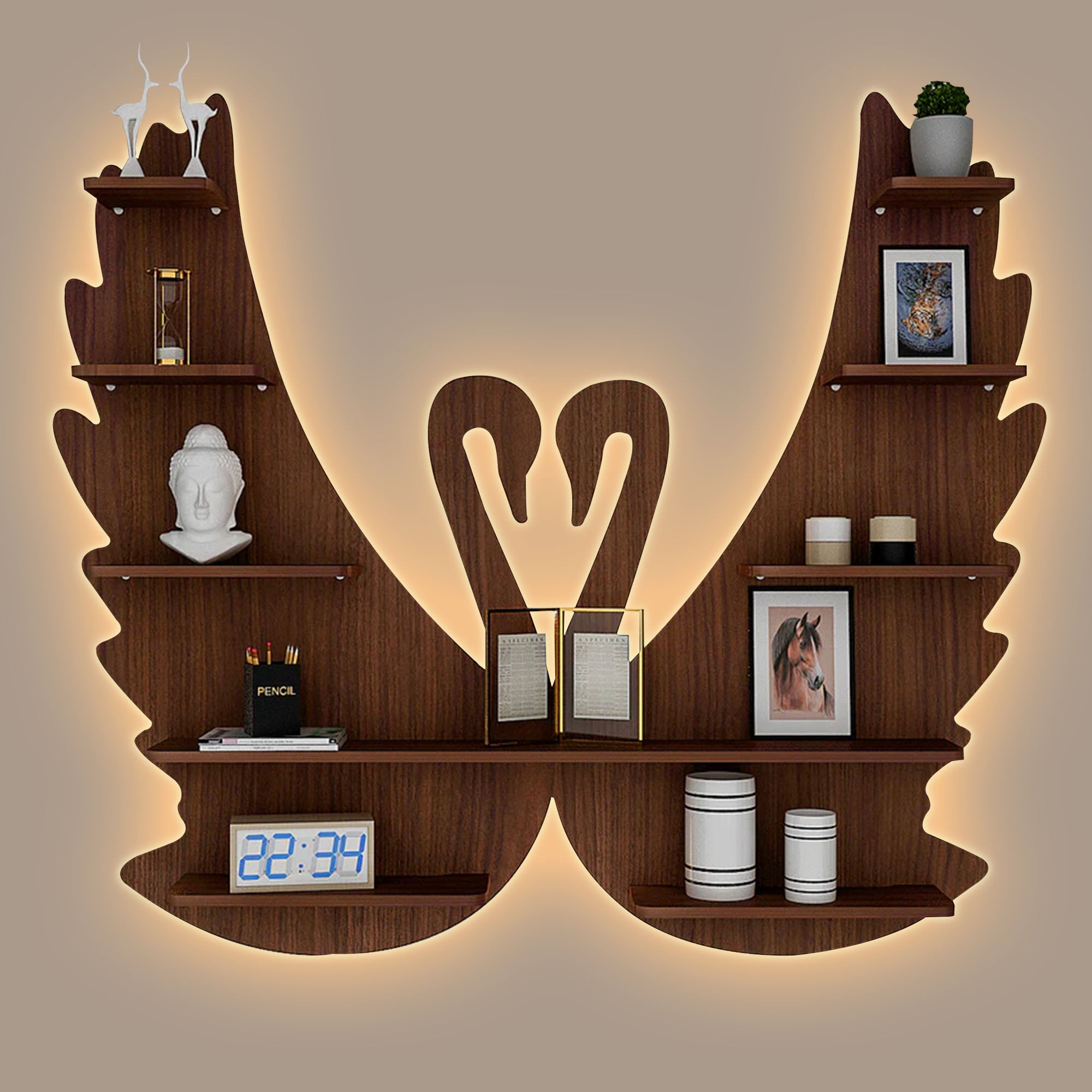Loving Swan Backlit Designer Wooden Wall Shelf / Book Shelf / Night Light, Walnut Finish