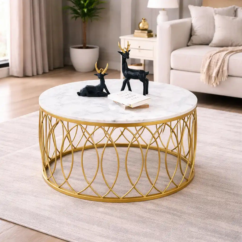 luxurious Designer in Golden & White Marble Round Shape Center Table