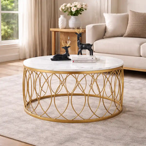 luxurious Designer in Golden & White Marble Round Shape Center Table