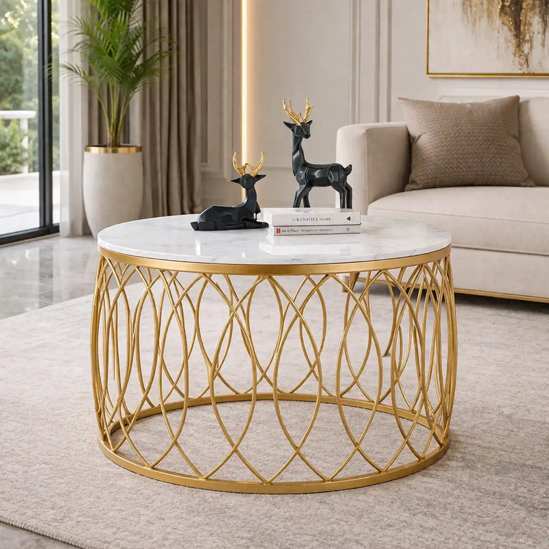 luxurious Designer in Golden & White Marble Round Shape Center Table