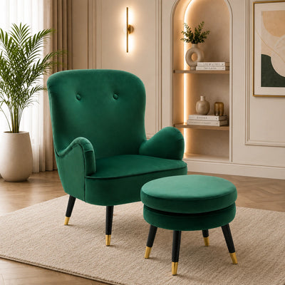 Luxurious Green Velvet Sofa Lounge Chair with Footrest