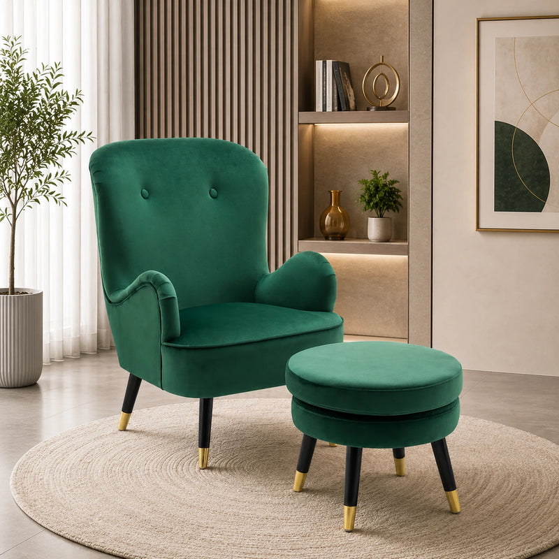 Luxurious Green Velvet Sofa Lounge Chair with Footrest