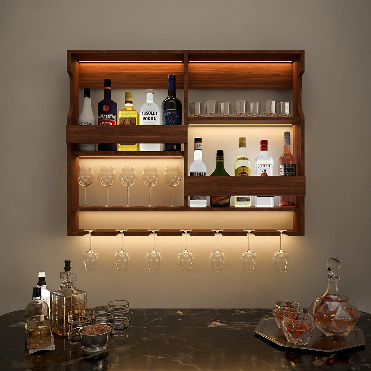 Mini Table Self Luxurious Style Backlit Walnut Finished Mini Bar Shelf – Vibecrafts