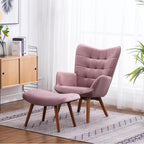 Luxurious Tufted Curvy Long Back Peach Lounge Chair with Ottoman