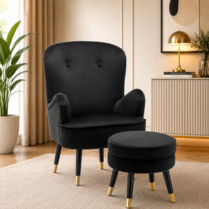 Luxury Black Premium Velvet Lounge Chair with Footrest